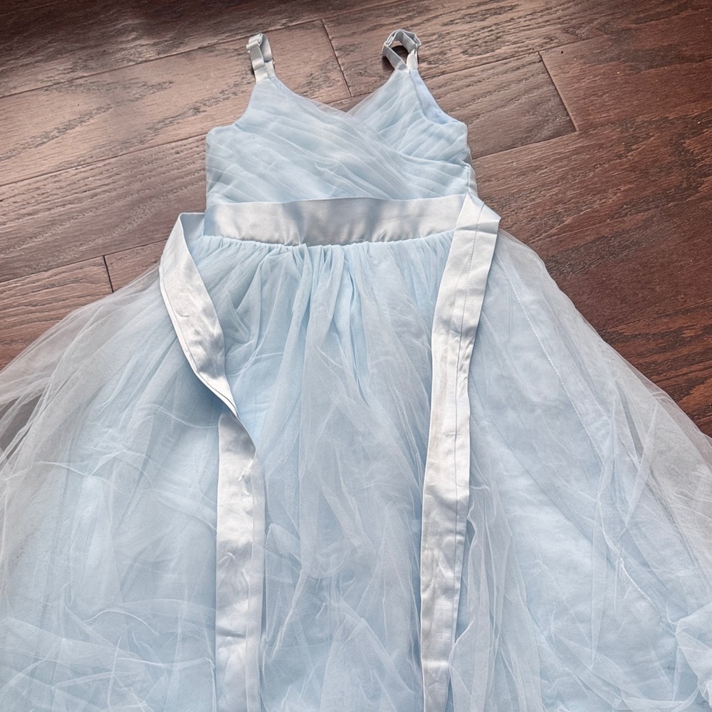 Light Blue Tulle Strappy Girls' Formal Dress with Satin Sash